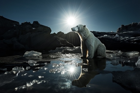 White bear sitting in cold water with sunrays in background