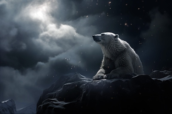 Graphic of polar bear laying on rocks at cloudy night