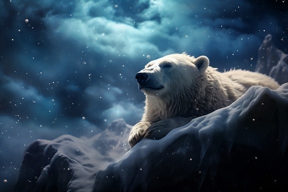 Majestic illustration of polar bear sleeping on snow at night