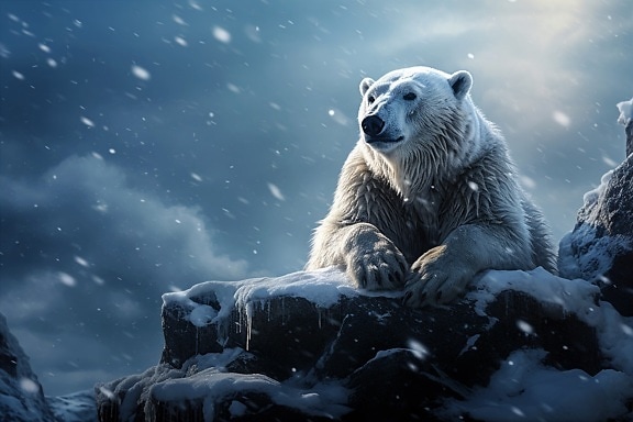 Polar bear laying on frozen cliff at night time majestic illustration