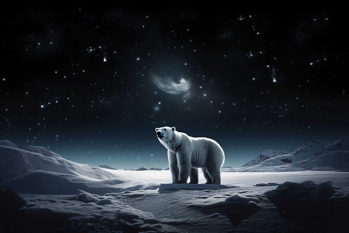밤에 얼어붙은 눈에서 북극곰의 포토몽타주