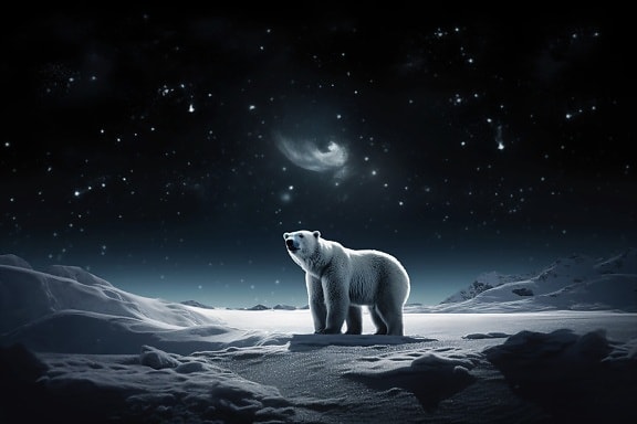 Photomontage of polar bear at frozen snow at night time