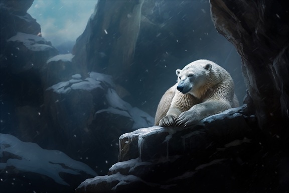 Fantasiillustrasjon av hvit isbjørn som legger seg på steiner om natten