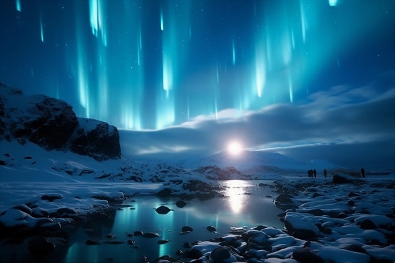 тъмно синьо, Aurora borealis, звезди, стрелба, светлина, нощ, лед
