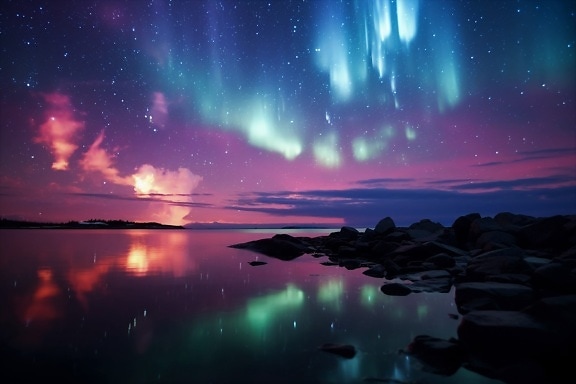 cer strălucire, purpuriu, lumina verde, Aurora borealis, noapte, pe malul lacului, Star