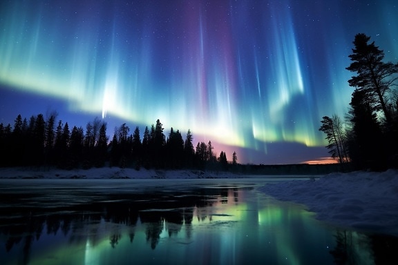 Majestic Aurora Borealis at sky reflection on frozen lake at night