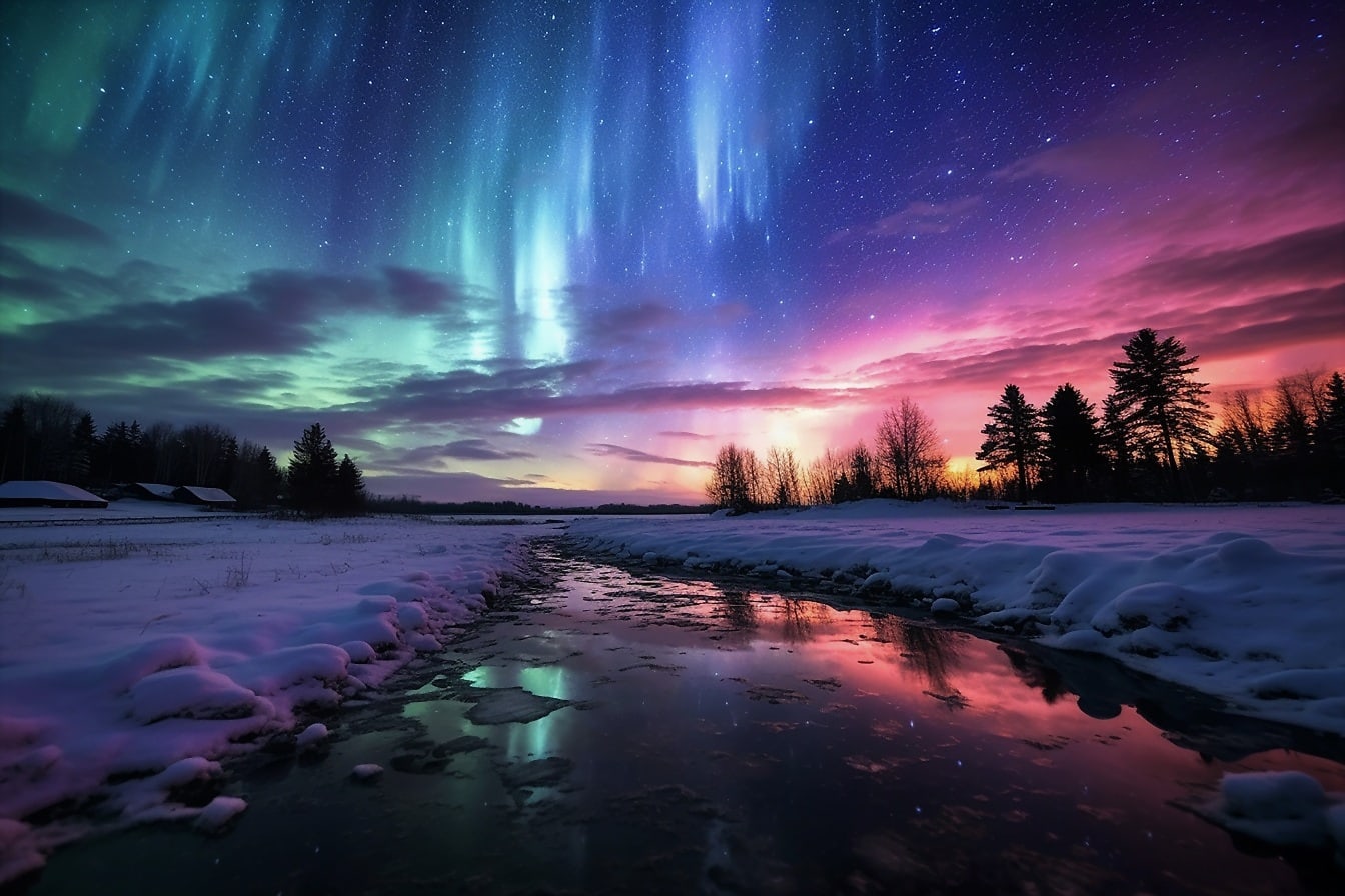 Aurora borealis, veličanstven, šareno, zalazak sunca, rijeka, zima, voda