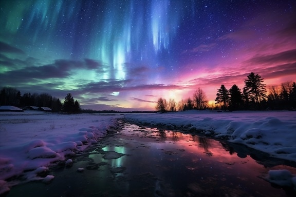 Majestic Aurora Borealis colorful sky at sunset over river at winter