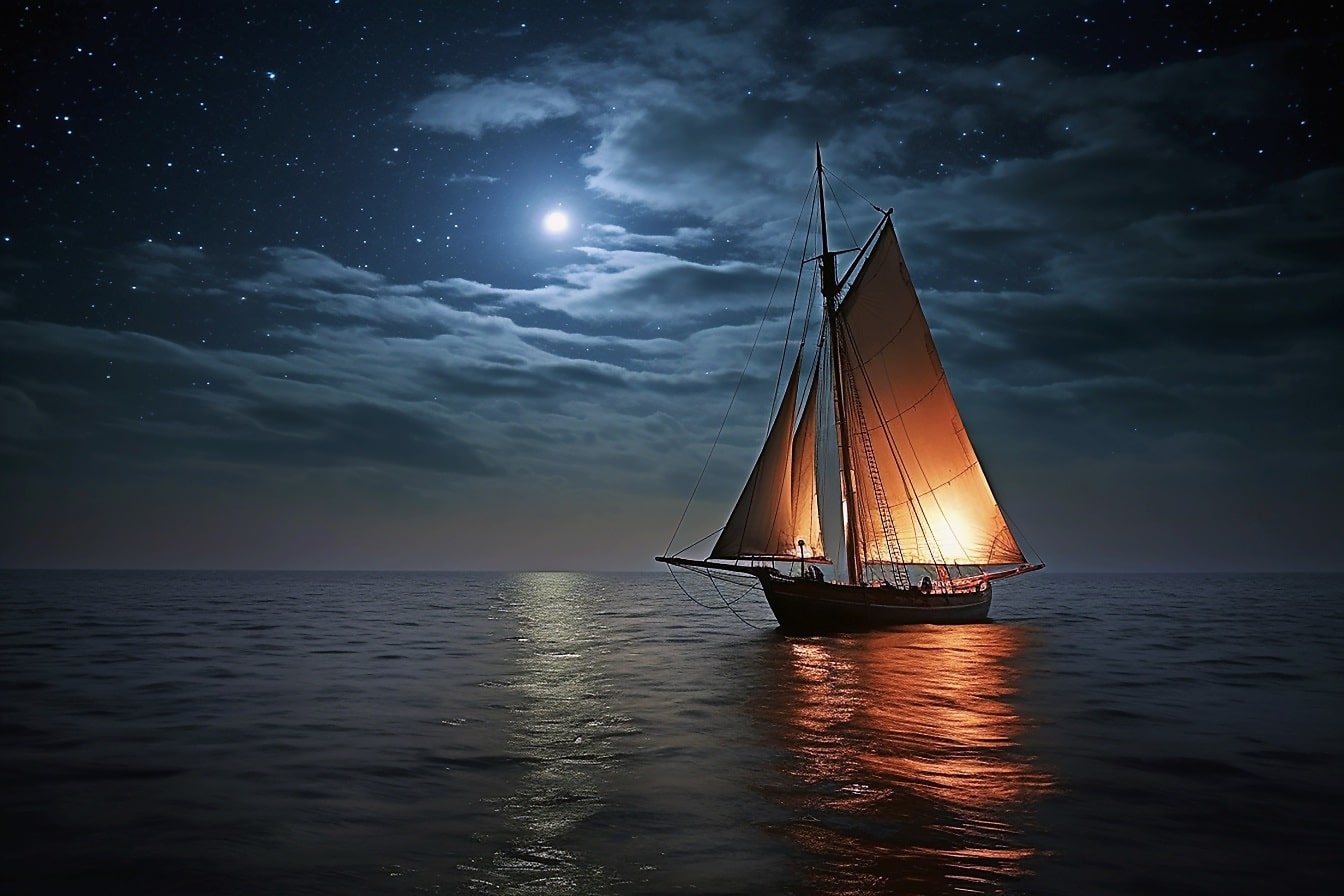 Graphic illustration of old style pirate ship on calm ocean at night