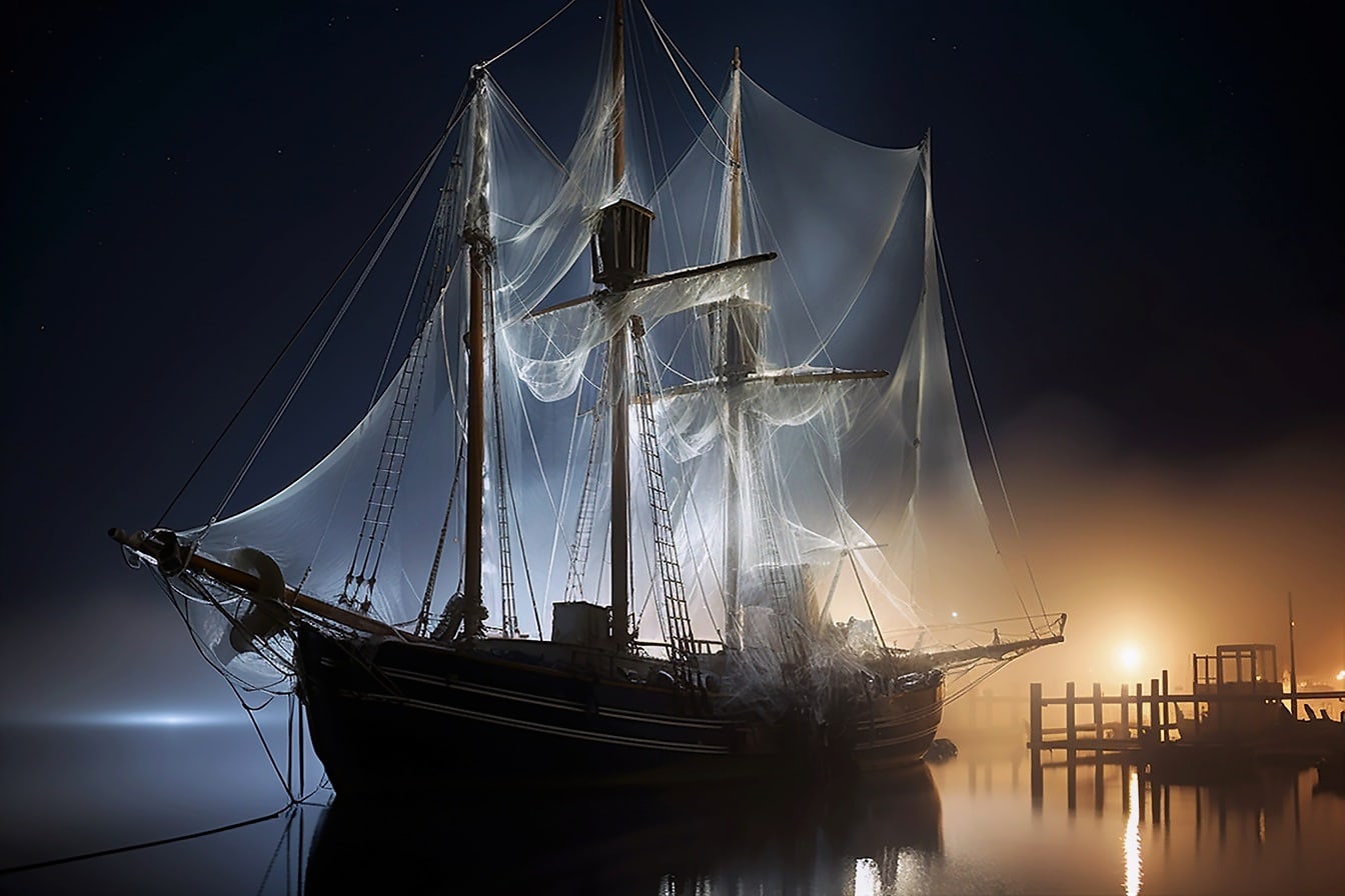 Ilustrasi kapal bajak laut kosong di pelabuhan pada malam hari