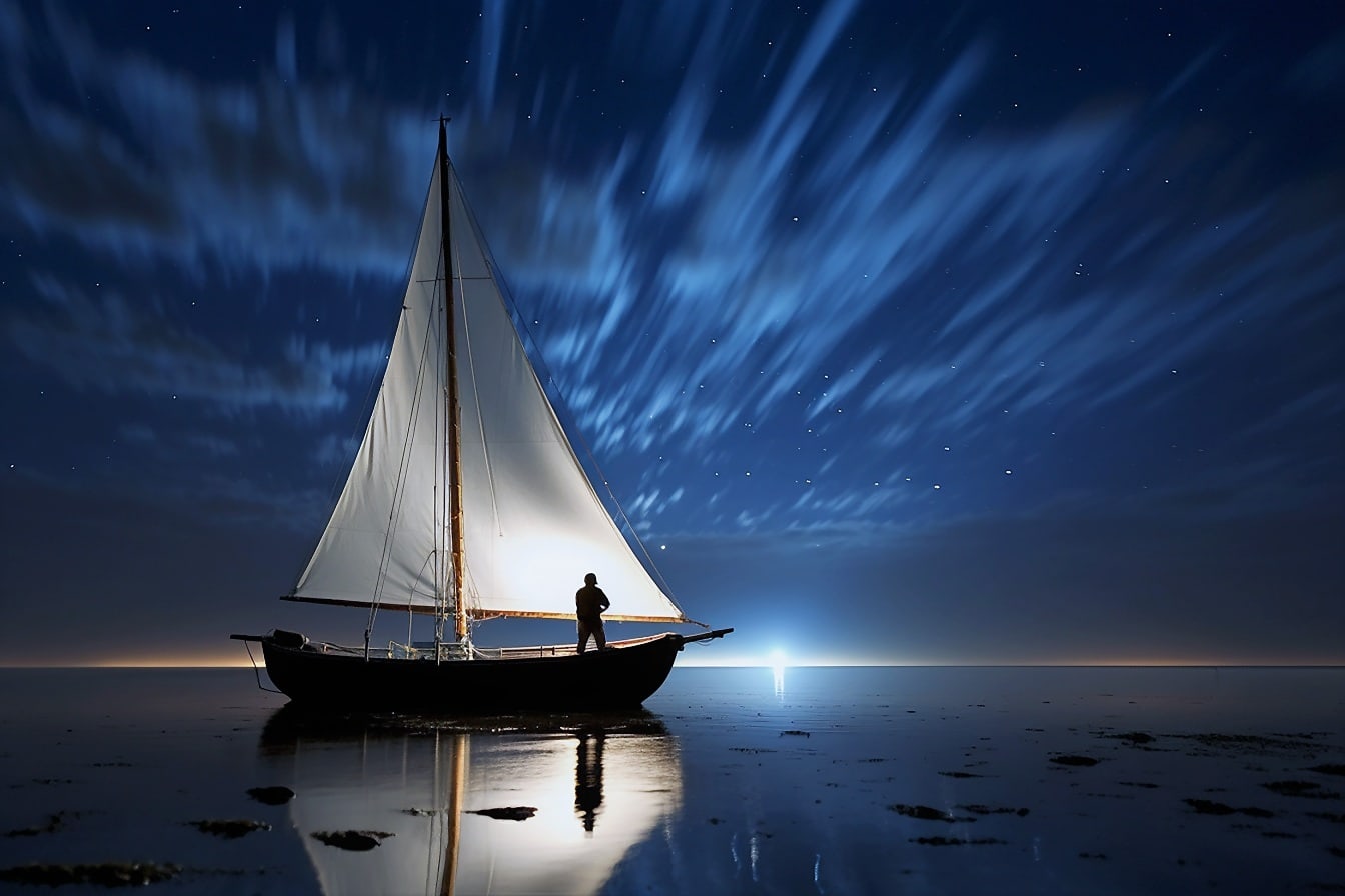 Silueta plachetnice na pobřeží s tmavě modrou noční oblohou