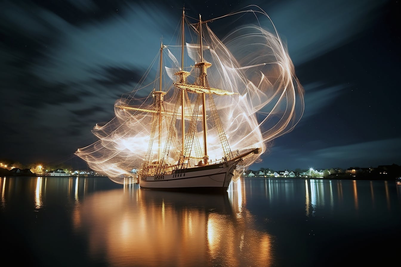 Majestueuze illustratie van piratenschip ‘s nachts met abstracte verlichtingslichten