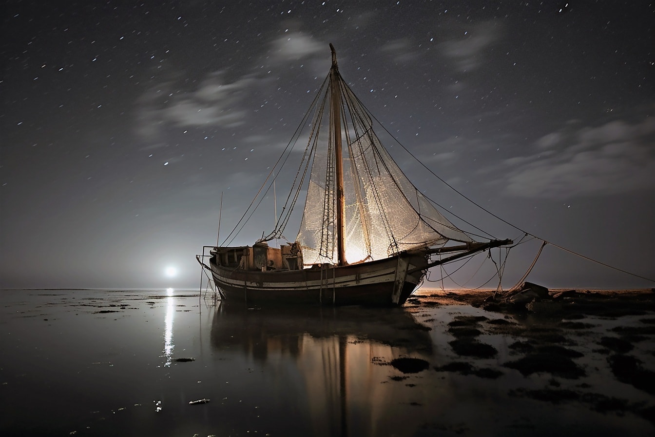 Zeilschip op kustlijn bij nacht met maanlicht