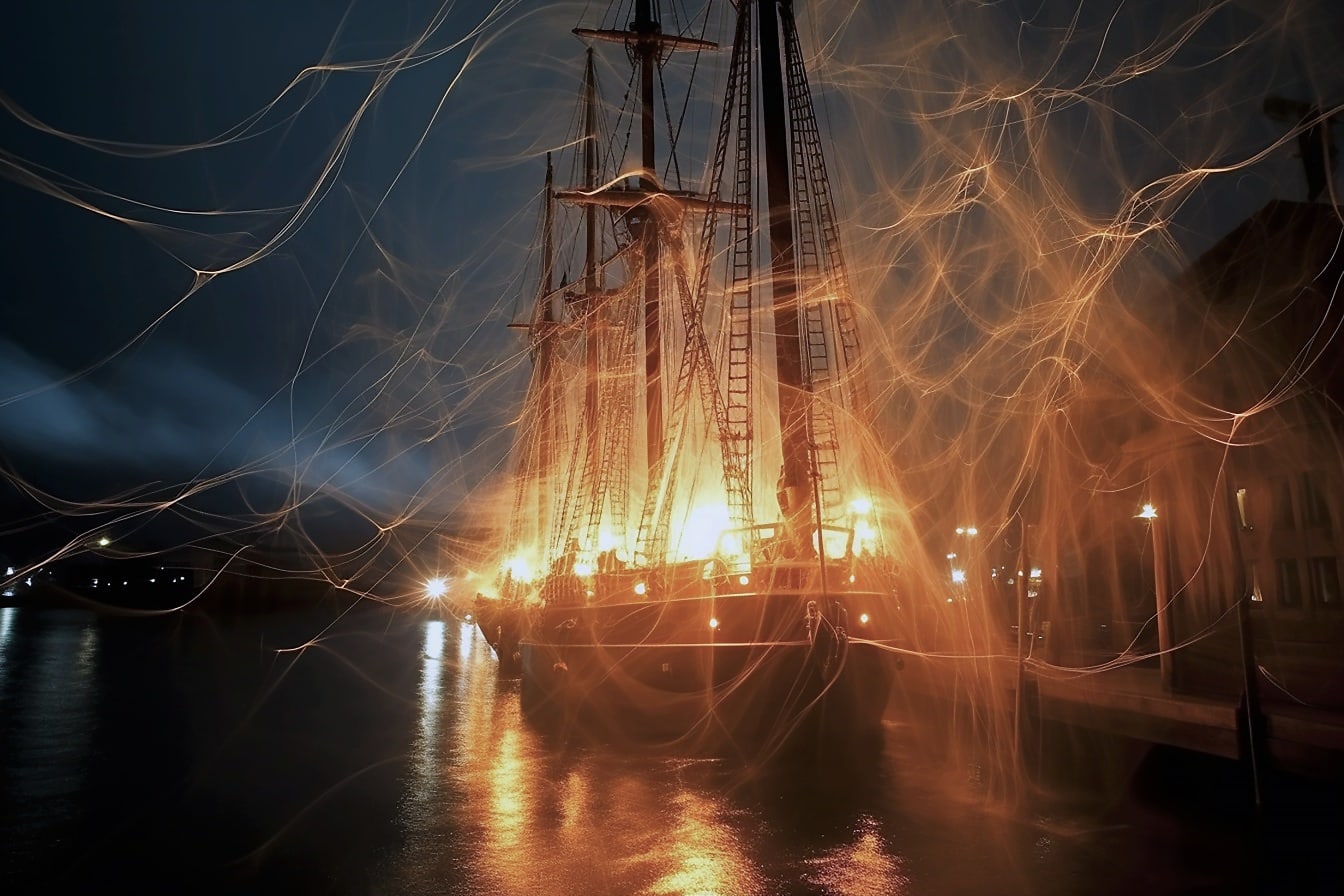 Fantasifotomontage av piratsegelskepp på natten i hamnen