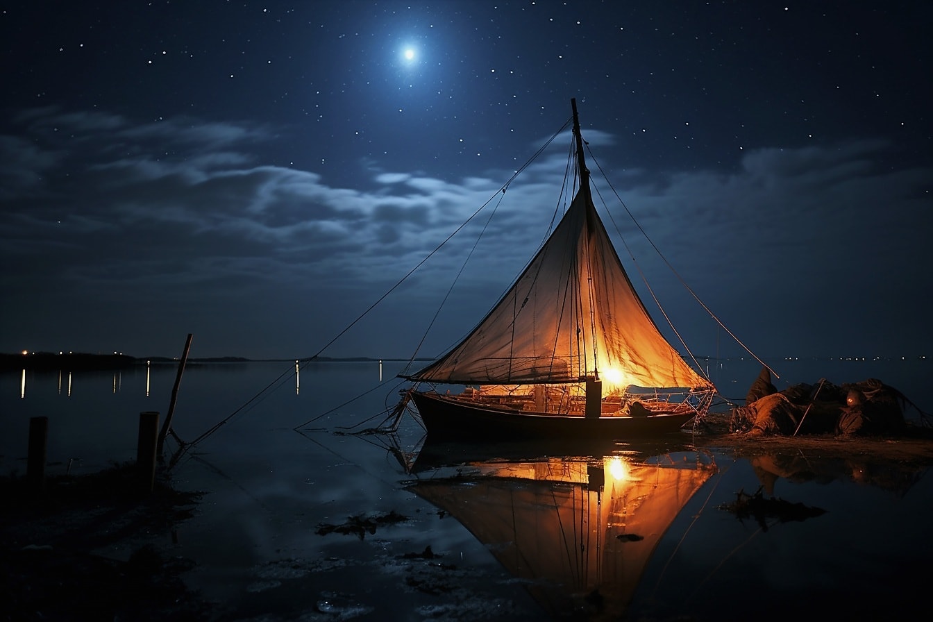 Perahu layar di pantai pada malam hari dengan langit biru tua