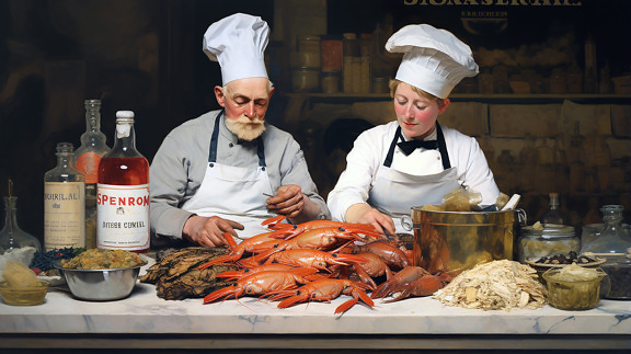Starý muž kuchár s mladým chlapcom varenie homárov výtvarné umenie