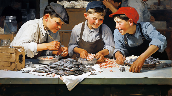 三个男孩与烹饪鱼美术插图