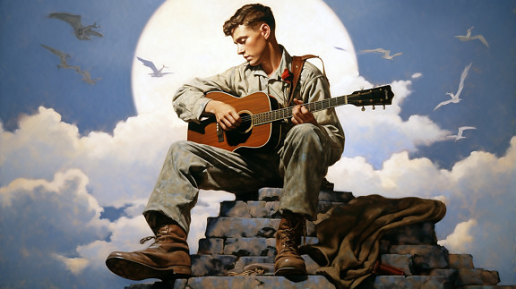 ギターを弾く男ギタリストのビンテージ肖像画