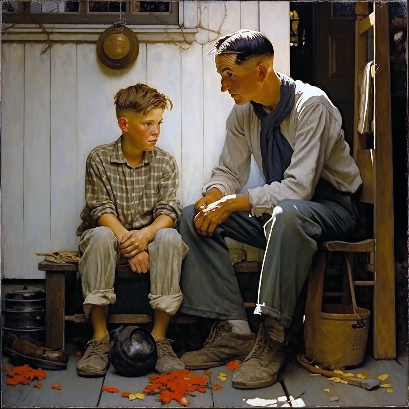 古いベンチに座っている若い男と男の子のビンテージイラスト