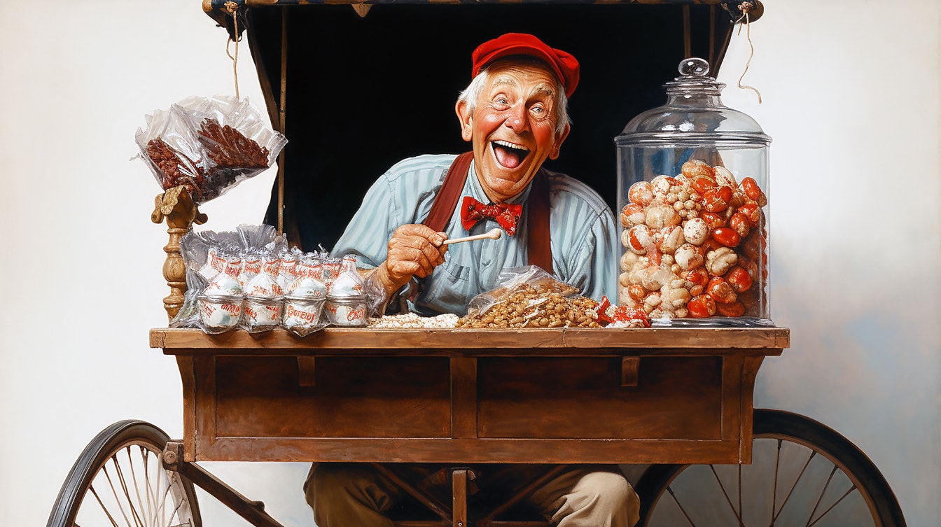 Alter Mann, der Süßigkeiten verkauft Vintage-Grafik im alten Stil