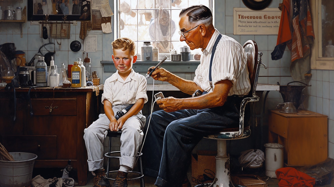 Gammel mann frisør i vintage frisørsalong med ung gutt