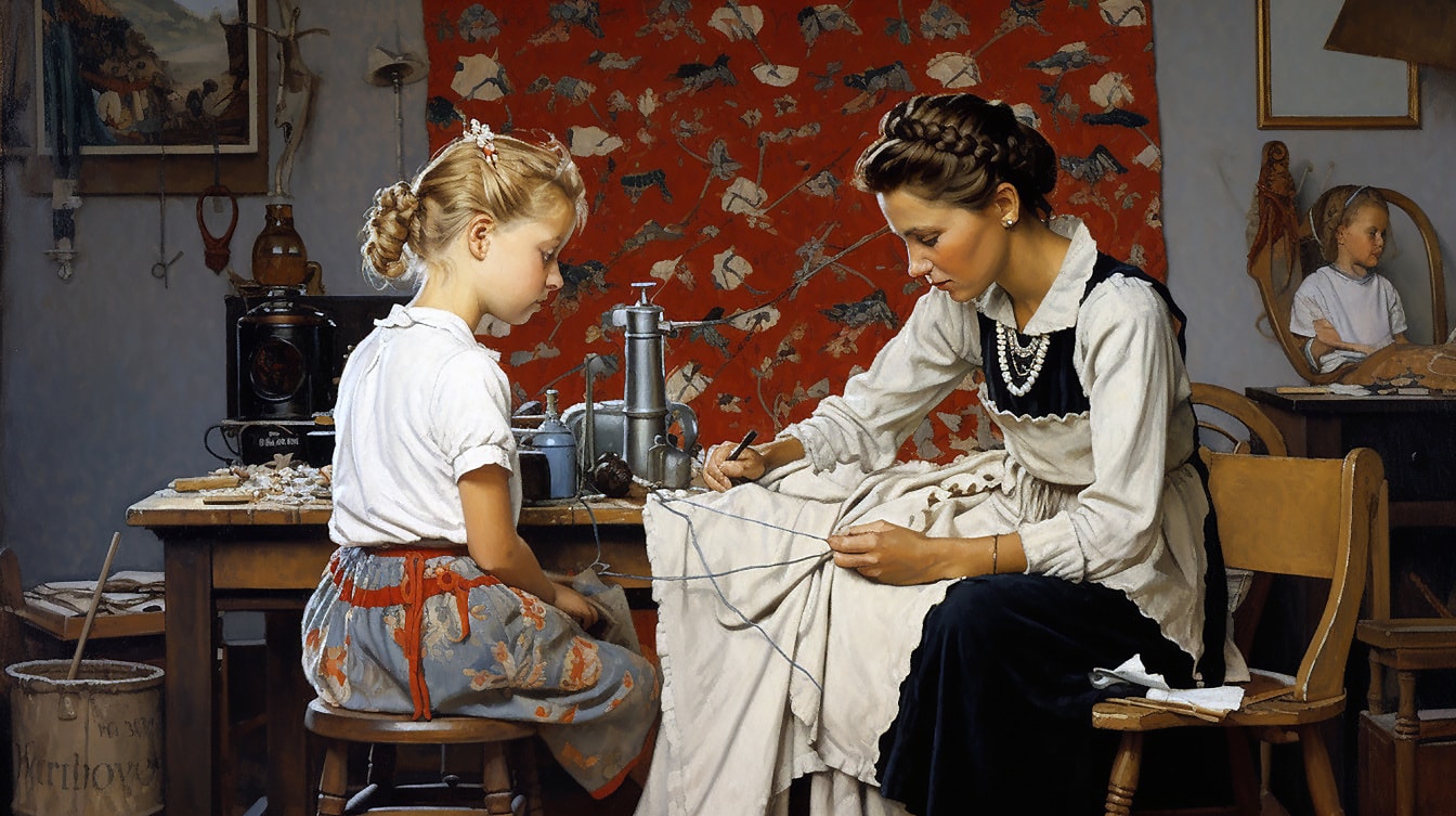 Νεαρή γυναίκα με κορίτσι που εργάζεται ράβοντας σε vintage κατάστημα
