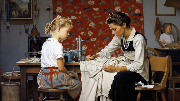 Young woman with girl working sewing in vintage shop