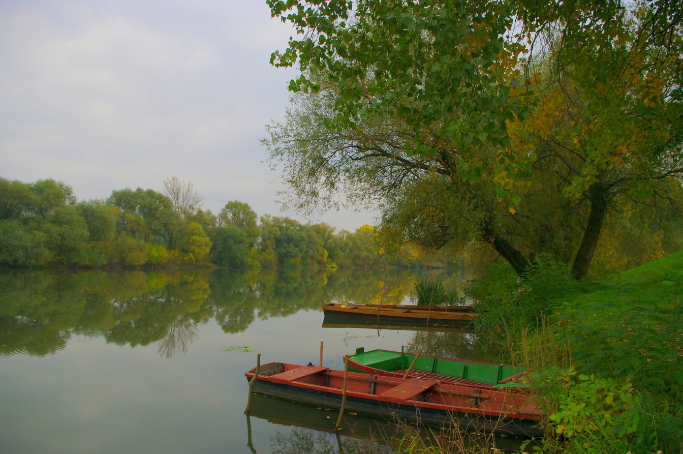 Barche di legno rosso scuro sulla riva del fiume del canale in primavera