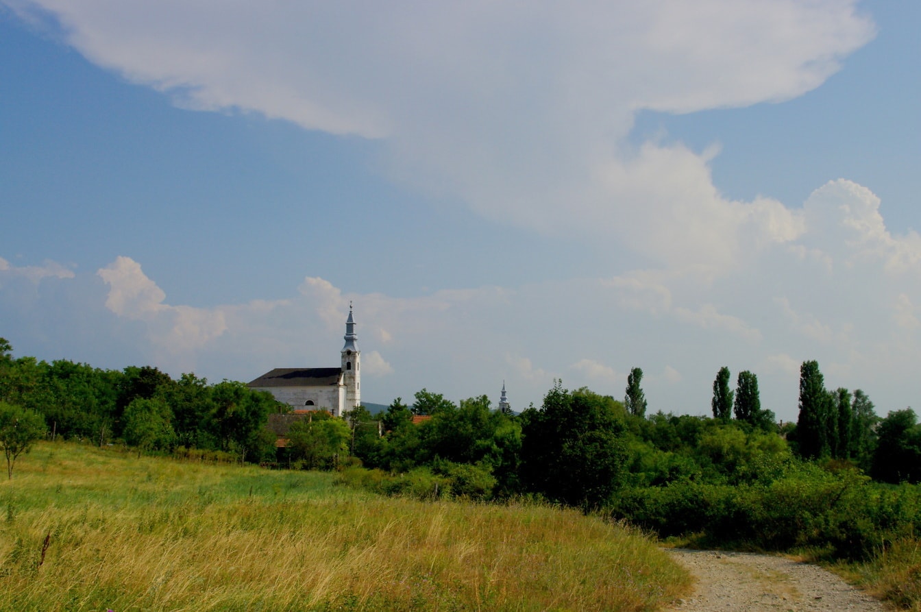 Camino sucio en el campo con la torre de la iglesia en el fondo