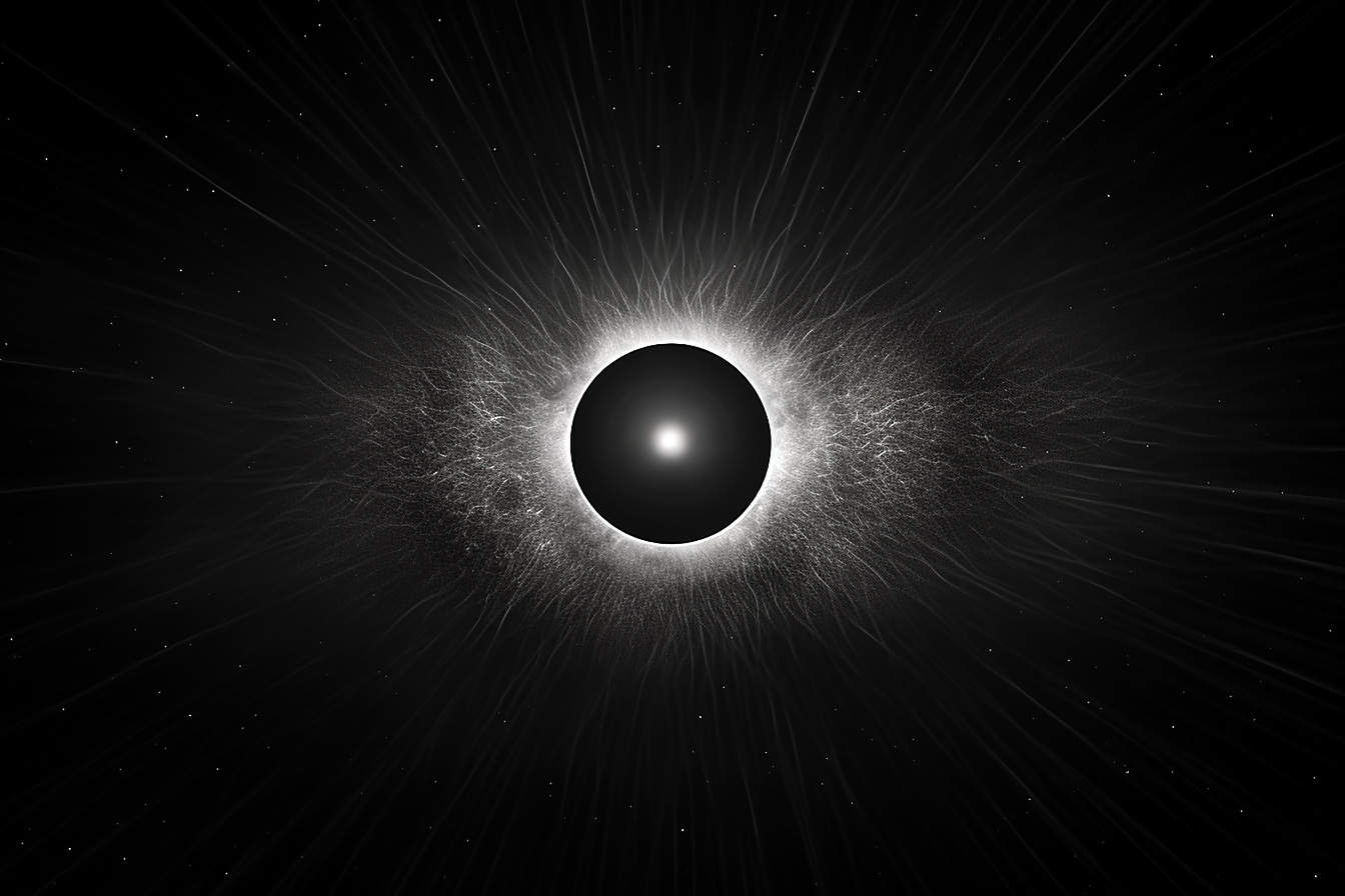 Grafika monochromatickej galaxie čiernej diery veľkého tresku
