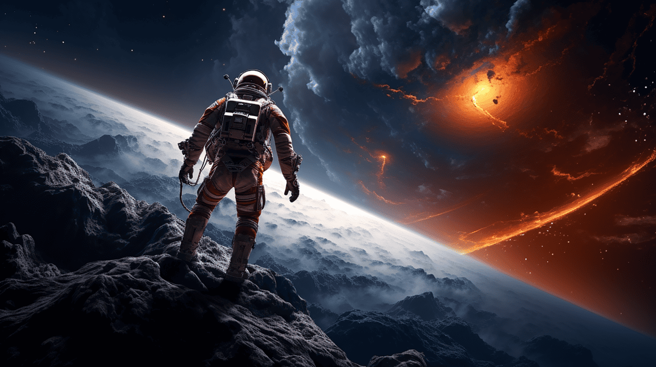 Cosmonaut explore on fantasy planet futuristic extreme adventure