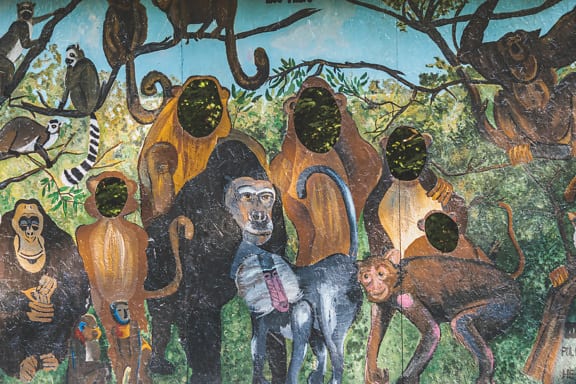 Ilustrație vintage colorată a maimuței în parcul de distracții