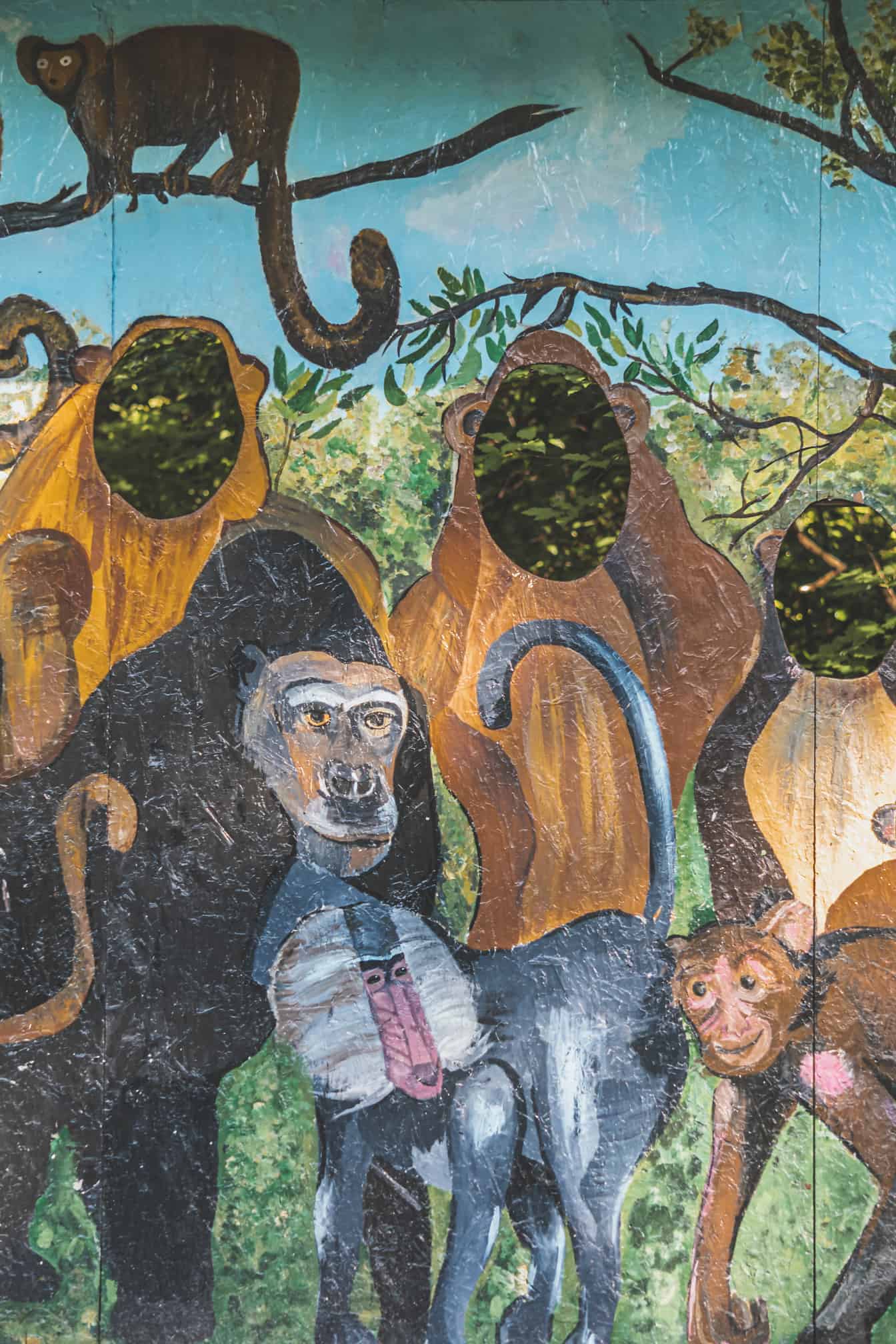 ภาพประกอบที่มีสีสันของลิงบนแผ่นไม้อัดในสวนสนุกสวนสัตว์