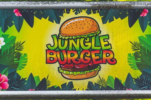 džungle, hamburger, barevné, podepsat, reklama, ročník, staré