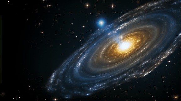 Lubang hitam menyedot bintang terang dalam ilustrasi grafis alam semesta gelap