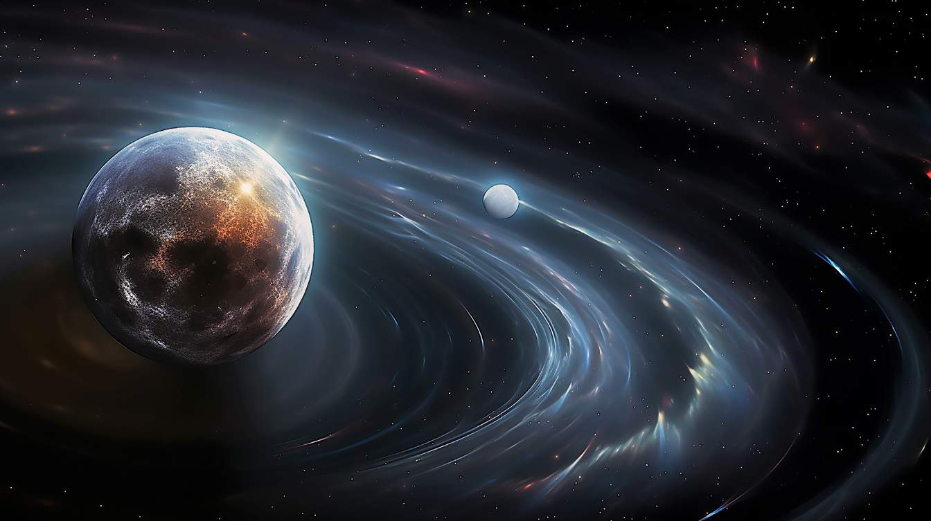 Mimozemská planeta s prstenci a Měsícem na oběžné dráze fantasy ilustrace