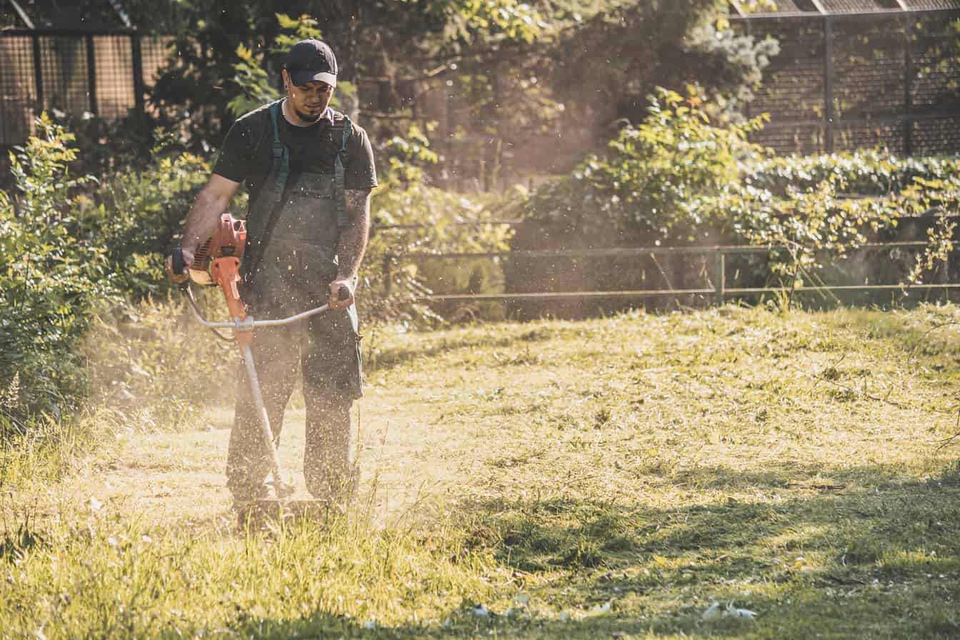 Työntekijä leikkaa ruohoa puistossa trimmeriruohonleikkurilla