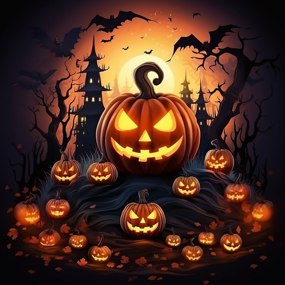 Horror funny graphic of Halloween pumpkin lanterns at night
