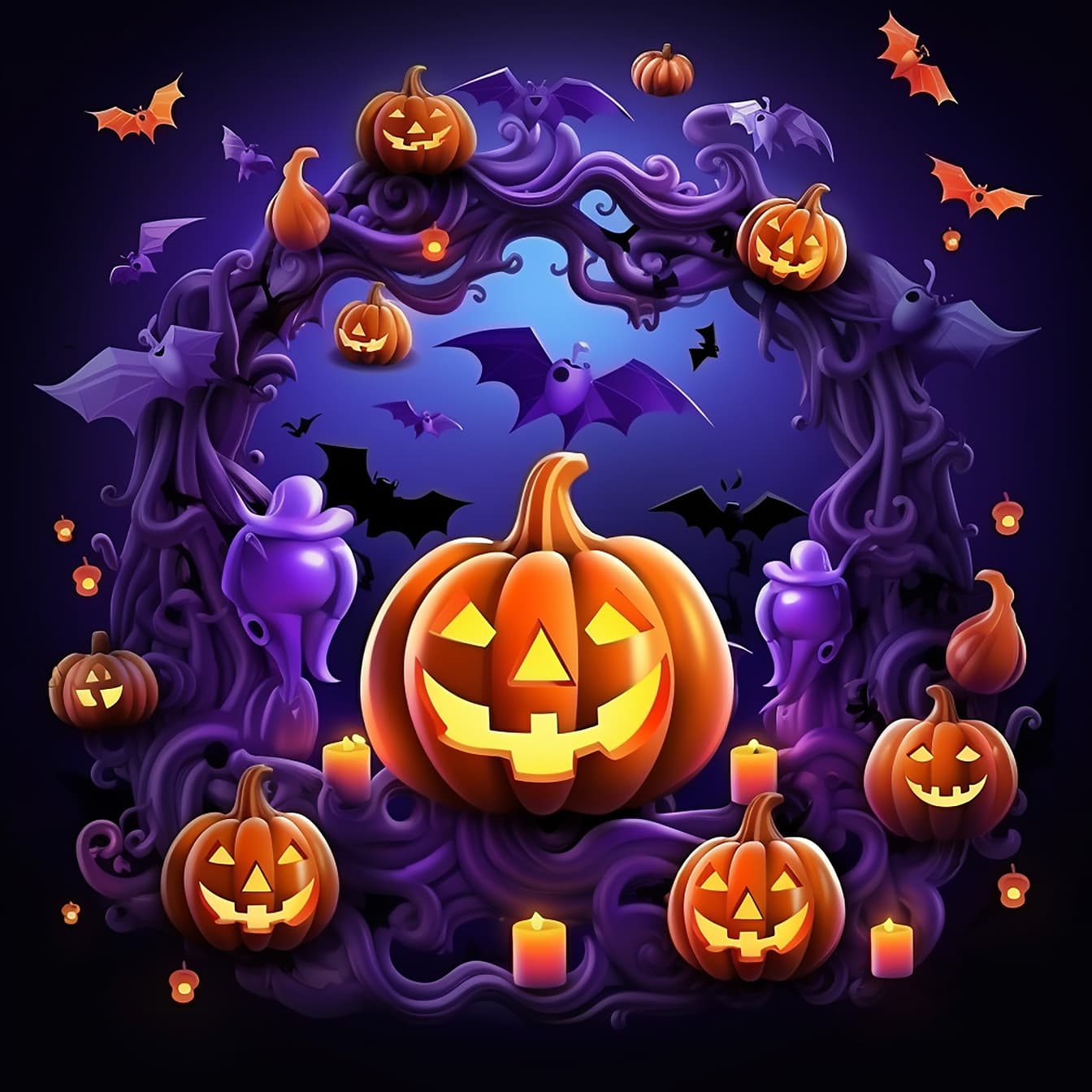Levende lilla grafikk av Halloween squash med lilla bakgrunn