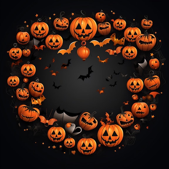 Orange yellow pumpkins on black background Halloween graphic