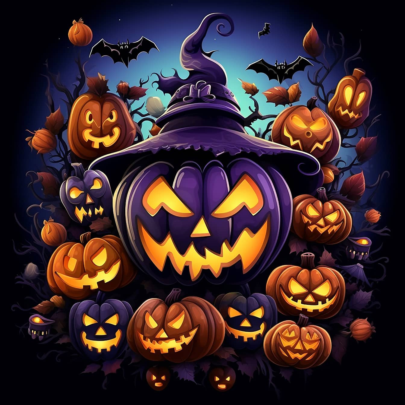 Ilustración gráfica de terror de calabazas violáceas de Halloween