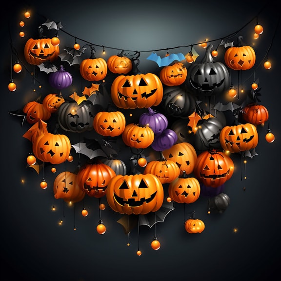 Funny graphic illustration of hanging Halloween pumkins