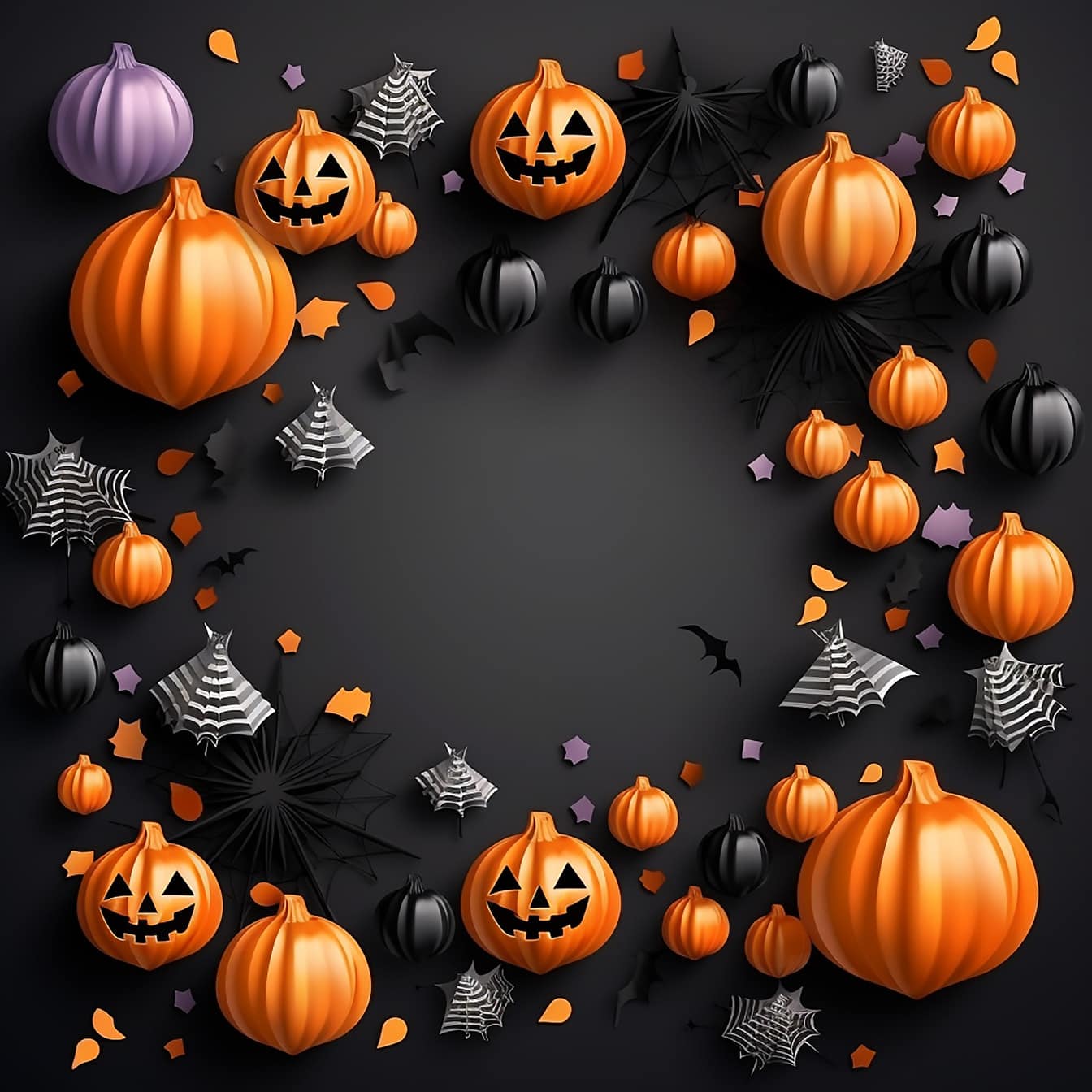 Halloweenska grafická ilustrácia s tekvicami, pavučinou a netopierom