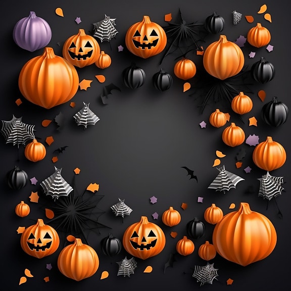 Halloween-graafinen kuvitus, jossa on kurpitsoja, hämähäkinverkkoa ja lepakkoa