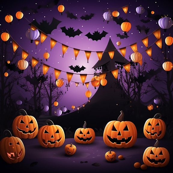 Orange yellow Halloween lantern pumpkin graphic with pinkish background