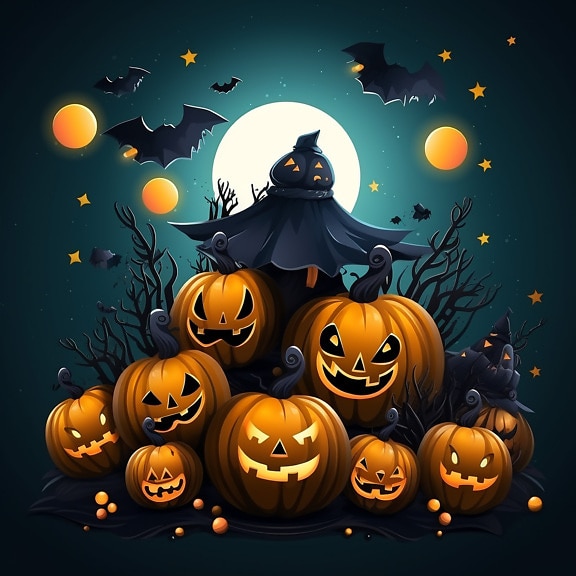 Ілюстрація на Хелловін з гарбузом і кажанами