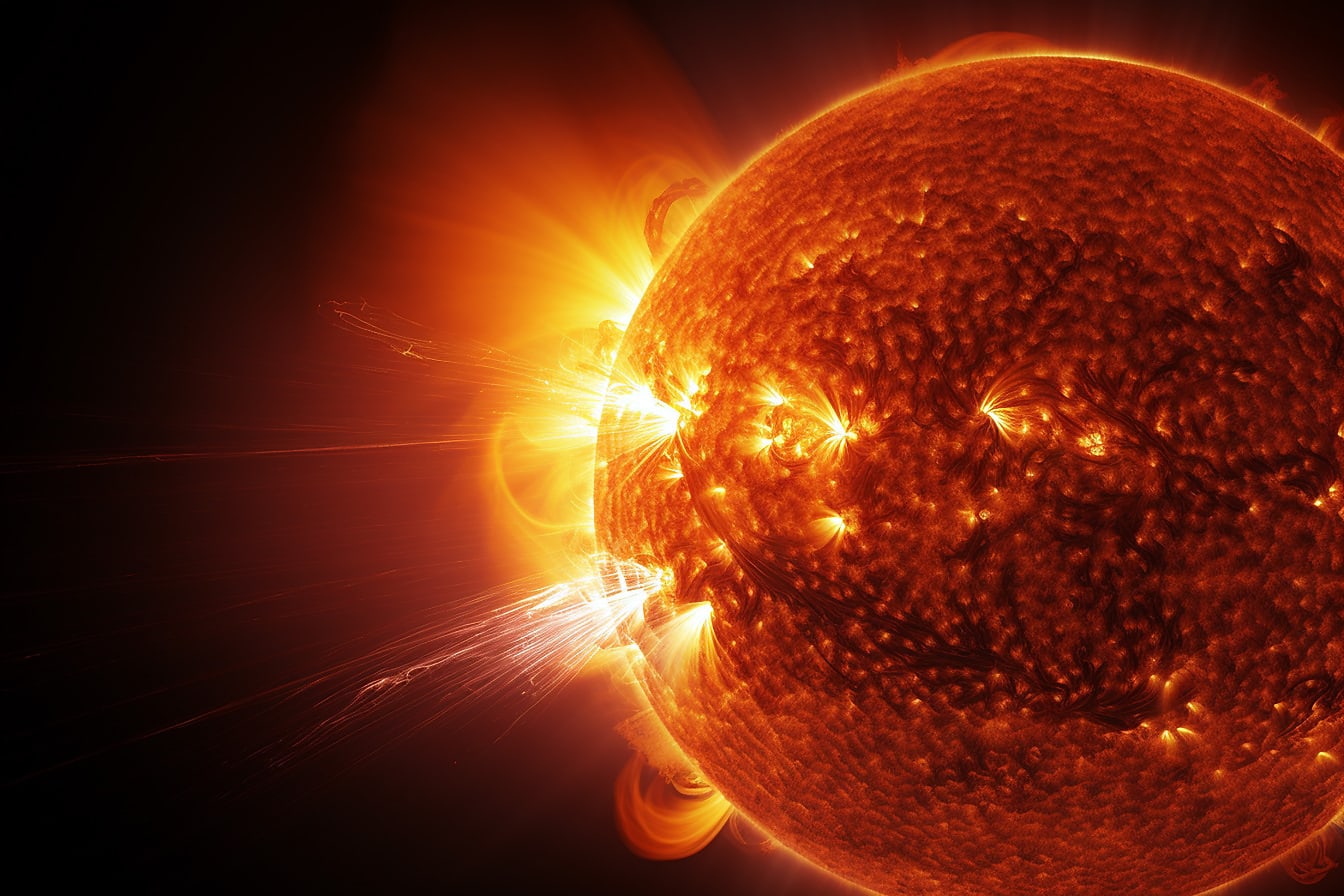 Bintang tata surya permukaan matahari dengan suar matahari pada suhu panas