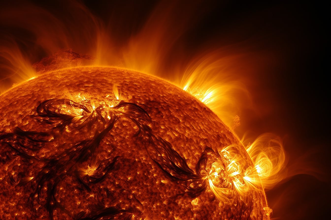 Close-up da superfície do Sol com explosão de calor
