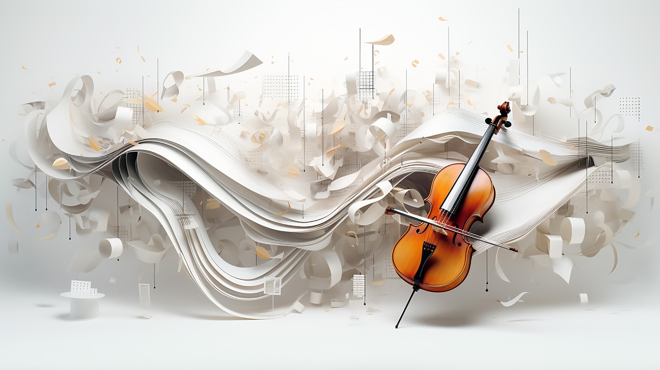 Strumento di violino e illustrazione grafica di melodia musicale