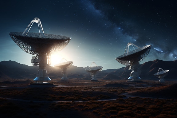 Teleskopska radio antena u pustinji noću s tamnoplavim oblacima